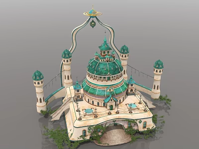 Detailed Architectural Model With Green Dome Multiple Towers Arched Connections And Decorative Courtyard 3d model