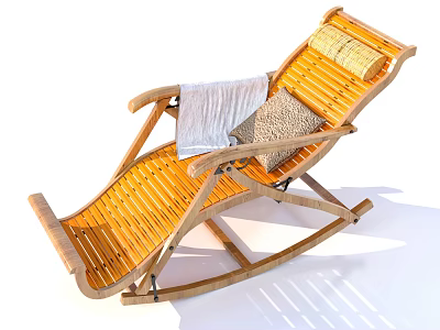 Bamboo Rocking Leisure Chair With White Blanket And Beige Cushion For Relaxation 3d model
