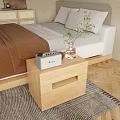 Cozy Bedroom Interior With Wooden Nightstand Radio Clock And Plant On Herringbone Floor