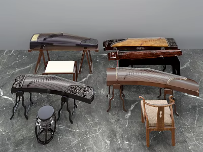 Traditional Musical Instruments Display With Wooden Bodies And Matching Stool Accessories 3d model