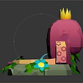 Cute Pink Octopus Shaped Fountain With Crown Green Leaves And White Flowers Water Flowing Design
