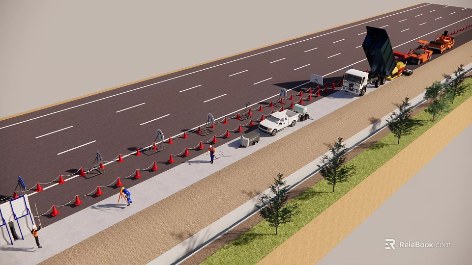 Road Construction Site With Traffic Cones Sidewalk Workers And Vehicles 3d model