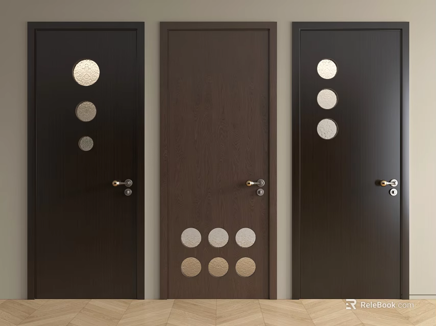 Modern Dark Brown Hinged Doors With Circular Metal Accents And Wooden Panels 3d model 