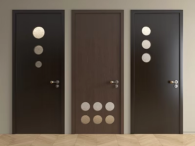 Modern Dark Brown Hinged Doors With Circular Metal Accents And Wooden Panels 3d model