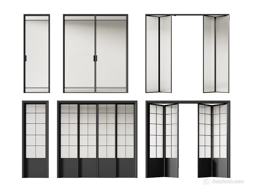 Various Interior Door Styles With Black Frames And Lattice Glass Panels 3d model