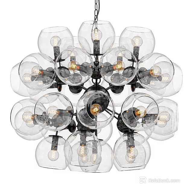 Multi Globe Modern Chandelier With Transparent Glass Balls And Exposed Bulbs 3d model 