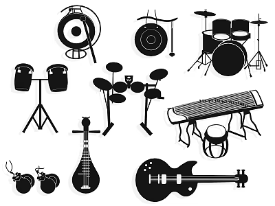 Musical Instrument Silhouettes Collection With Drum Set Cymbals Bongo Drums Pipa Guitar And Dulcimer 3d model