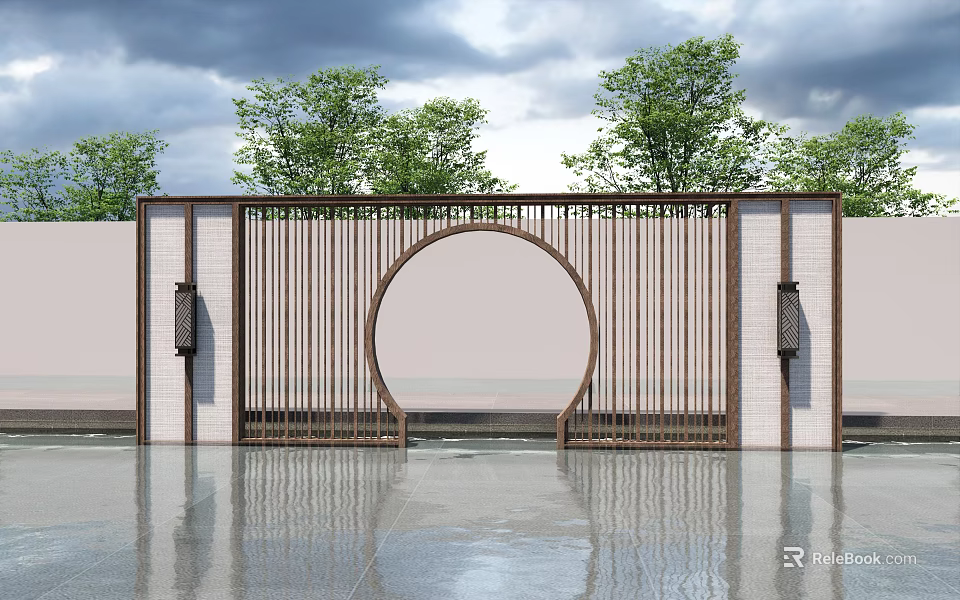 Scenic Garden Wall with Circular Hollow Lattice Design and Side Wall Lamps Against Background Trees 3d model 
