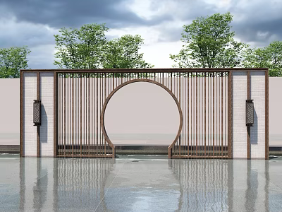Scenic Garden Wall with Circular Hollow Lattice Design and Side Wall Lamps Against Background Trees 3d model