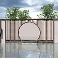 Scenic Garden Wall with Circular Hollow Lattice Design and Side Wall Lamps Against Background Trees