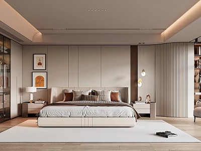 Modern Bedroom Interior Design With Large Bed Headboard Decorative Paintings And Pendant Lights 3d model