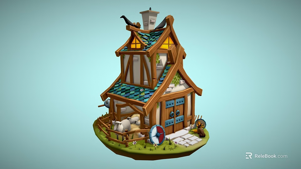 Fairy Tale Style Wooden Cottage With Blue Roof Chimney Sheep And Fence 3d model 