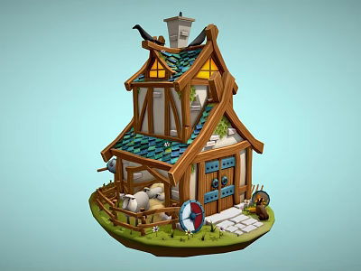 Fairy Tale Style Wooden Cottage With Blue Roof Chimney Sheep And Fence 3d model
