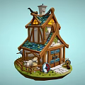 Fairy Tale Style Wooden Cottage With Blue Roof Chimney Sheep And Fence