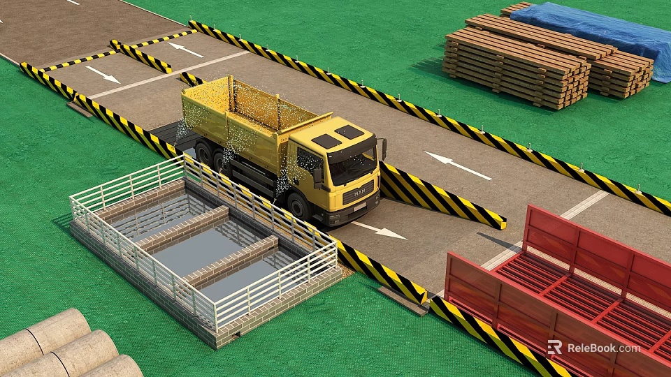 Yellow Dump Truck With Black Yellow Warning Tape Water Pool Wooden Pallets Red Container 3d model 