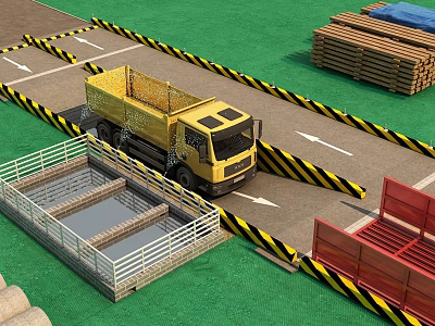 Yellow Dump Truck With Black Yellow Warning Tape Water Pool Wooden Pallets Red Container 3d model