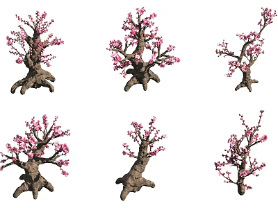 Bonsai Plants with Pink Flowers and Unique Trunk in Various Decorative Styles 3d model