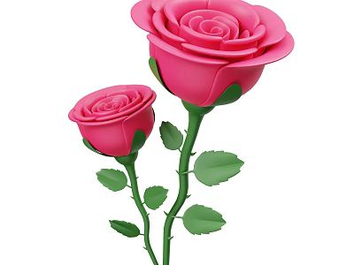 Two Vibrant Pink Roses With Green Stems And Fresh Green Leaves 3d model