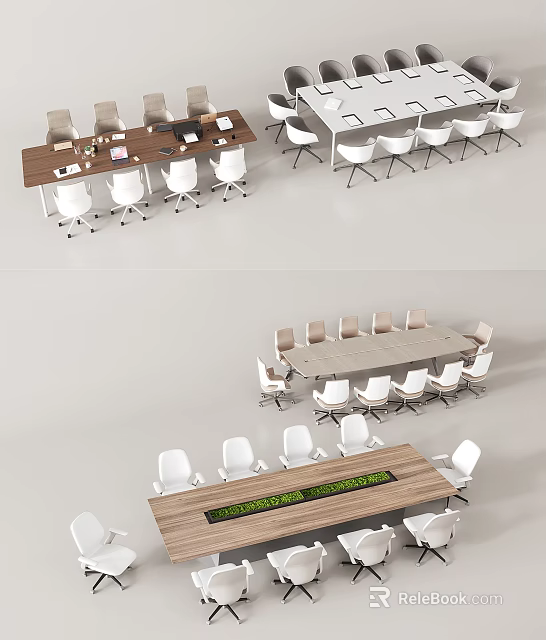 Modern Office Conference Table With Wooden Top Green Plant And White Chairs 3d model 