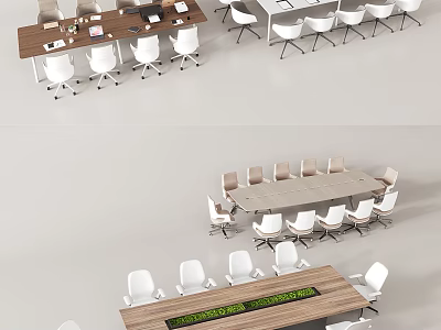 Modern Office Conference Table With Wooden Top Green Plant And White Chairs 3d model