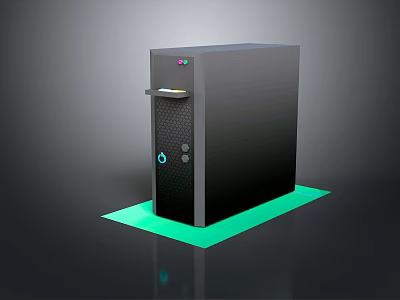 Black Desktop Computer Tower With Green Glowing Base And Front Buttons Indicators 3d model