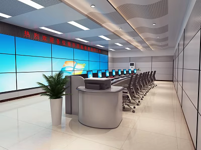 Modern Monitoring Room Interior With Large Screen Wall Control Console And Office Chairs 3d model