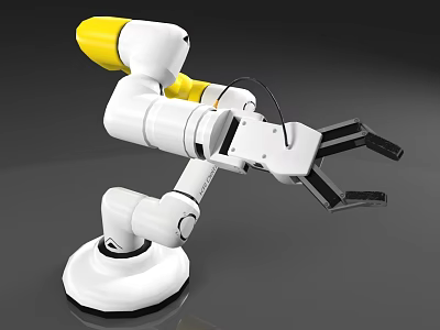 Industrial Robotic Arm With Yellow Top Section White Body And Black Gripper Claws 3d model
