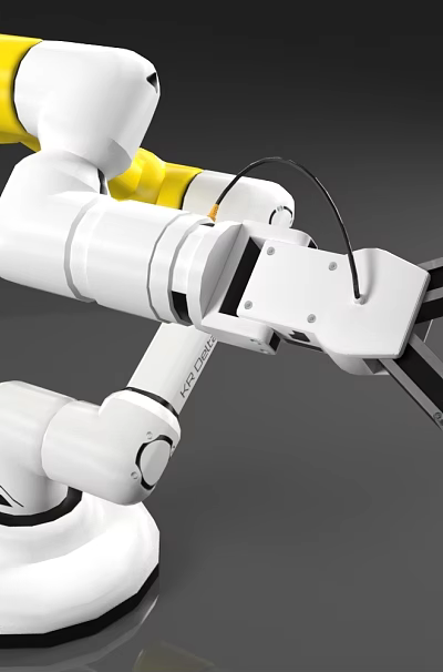 Industrial Robotic Arm With Yellow Top Section White Body And Black Gripper Claws 3d model