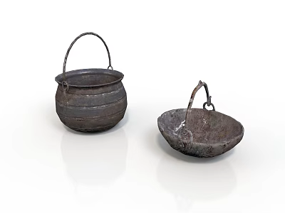 Handcrafted Vintage Metal Sculptures Cauldron And Shallow Pan With Textured Handles 3d model