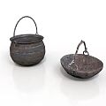 Handcrafted Vintage Metal Sculptures Cauldron And Shallow Pan With Textured Handles