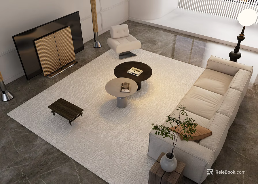 Modern Living Room Sofa And Coffee Table Set With Area Rug Floor Lamp And Plant 3d model 