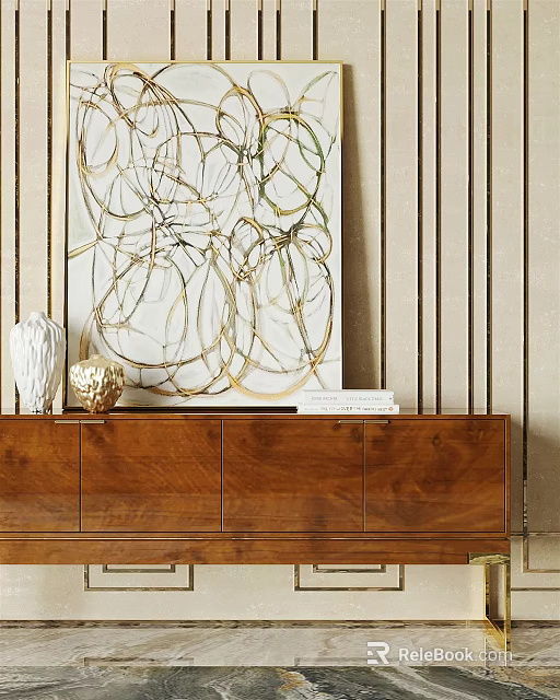 Elegant Wooden Console Table With Abstract Painting And Decorative Vases In Entryway 3d model 