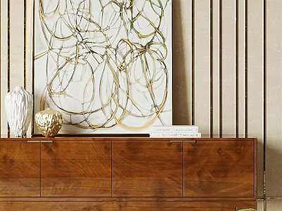 Elegant Wooden Console Table With Abstract Painting And Decorative Vases In Entryway 3d model