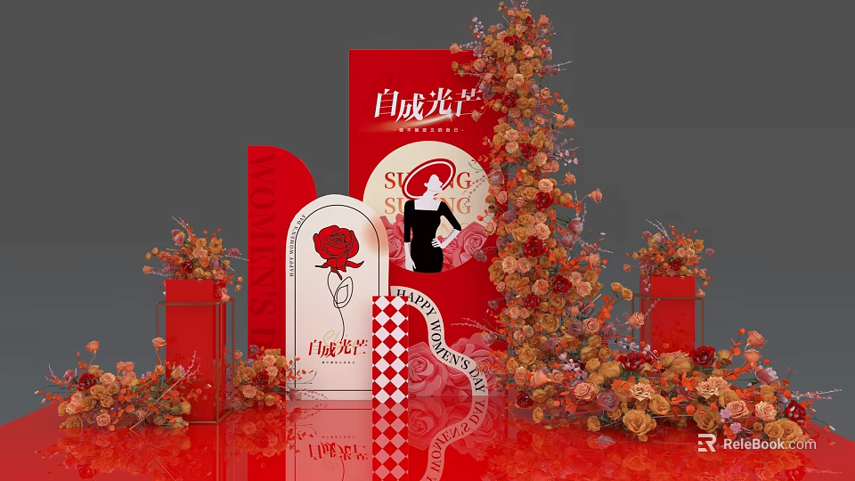 Elegant Wedding Floral Installation With Red Flower Wall And Couple Silhouette On Red Background 3d model 