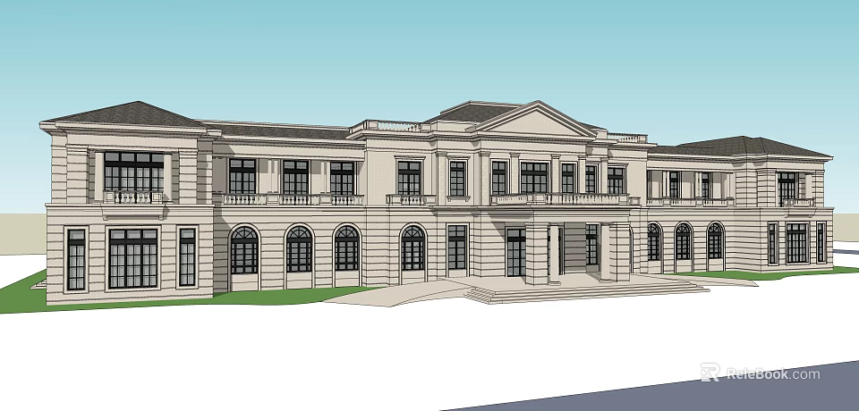 Classical Style Multi Story Building With Arched Windows Balconies And Front Lawn 3d model