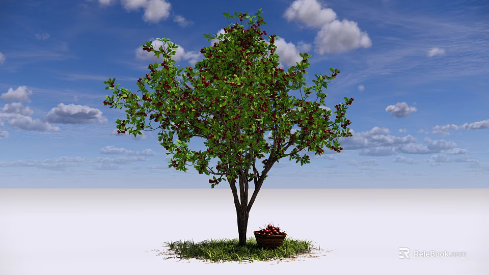 A Healthy Tree with Green Leaves Red Fruits and Basket Under Blue Sky White Clouds 3d model 
