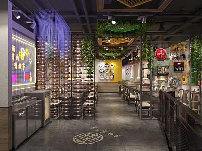 Modern Restaurant Interior With Green Vines Wine Racks Yellow Walls And Dining Seating 3d model