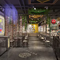 Modern Restaurant Interior With Green Vines Wine Racks Yellow Walls And Dining Seating