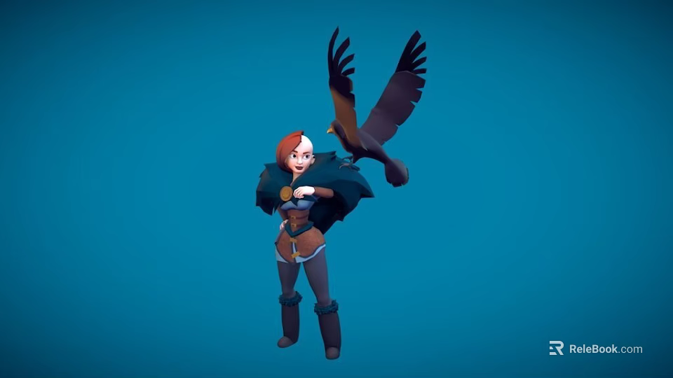 Game Movie Character Red Haired Female With Cloak Standing With Flying Eagle Against Blue Background 3d model 