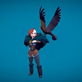 Game Movie Character Red Haired Female With Cloak Standing With Flying Eagle Against Blue Background
