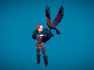 Game Movie Character Red Haired Female With Cloak Standing With Flying Eagle Against Blue Background 3d model