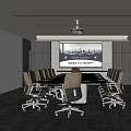 Modern Conference Room Interior With Long Table Chairs Projection Screen Windows And Blinds