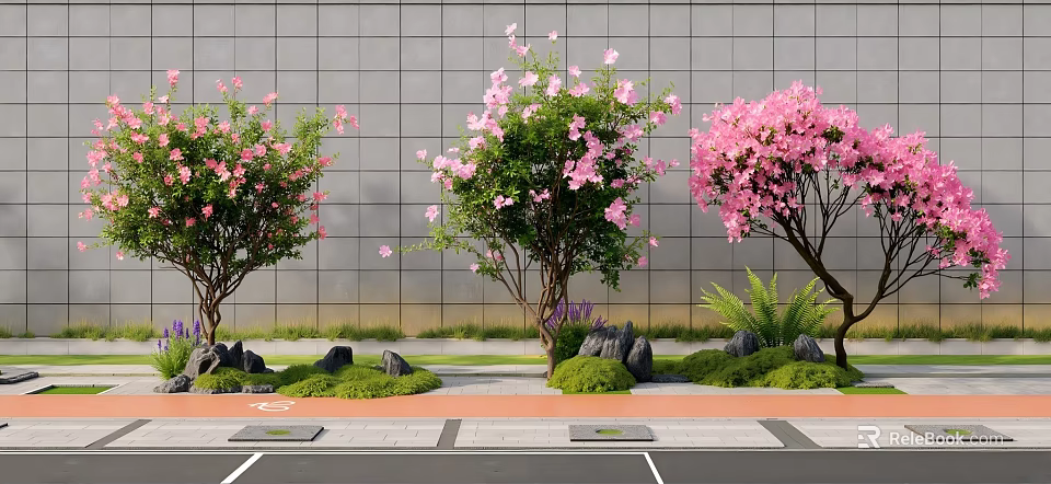 Plant Combination With Pink Flowering Trees Green Shrubs And Decorative Stones 3d model 
