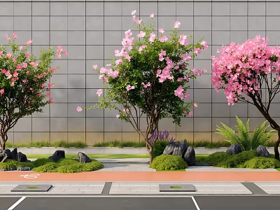 Plant Combination With Pink Flowering Trees Green Shrubs And Decorative Stones 3d model