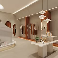 Elegant Modern Clothing Store Interior With Open Space Curved Design White Counter And Soft Lighting