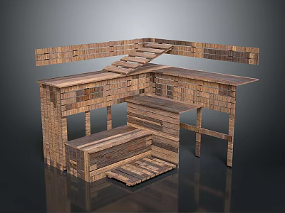 Wooden Assembled Structure With Staircase Platform Steps And Layered Planks 3d model
