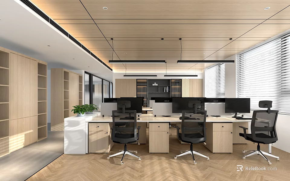 Spacious Modern Shared Office Space With Wooden Desks Ergonomic Chairs Computer Monitors And Green Plants 3d model 