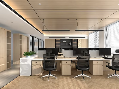 Spacious Modern Shared Office Space With Wooden Desks Ergonomic Chairs Computer Monitors And Green Plants 3d model