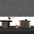 Modern Display Shelves with Glass Panels Green Plant and Orange Box on Striped Carpet
