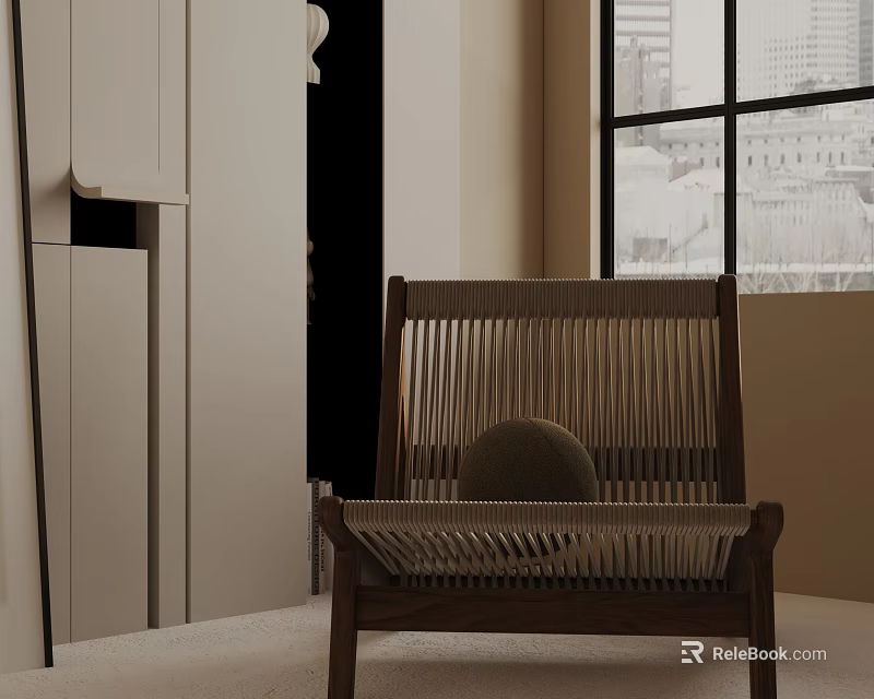 Modern Wooden Frame Leisure Chair with Woven Backrest in Minimalist Interior and City View Window 3d model 